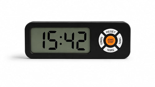 A black digital alarm clock with a large LCD display showing 15:42 and a circular control panel on the right with white buttons labeled MINUS, RESET, START/STOP, and PLUS, on a white background.