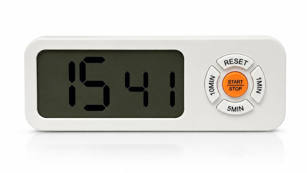 A white digital countdown timer with a dark gray display screen showing '15 41' and a central orange 'START/STOP' button surrounded by white buttons labeled 'RESET', '10MIN', '2MIN', and '5MIN'.