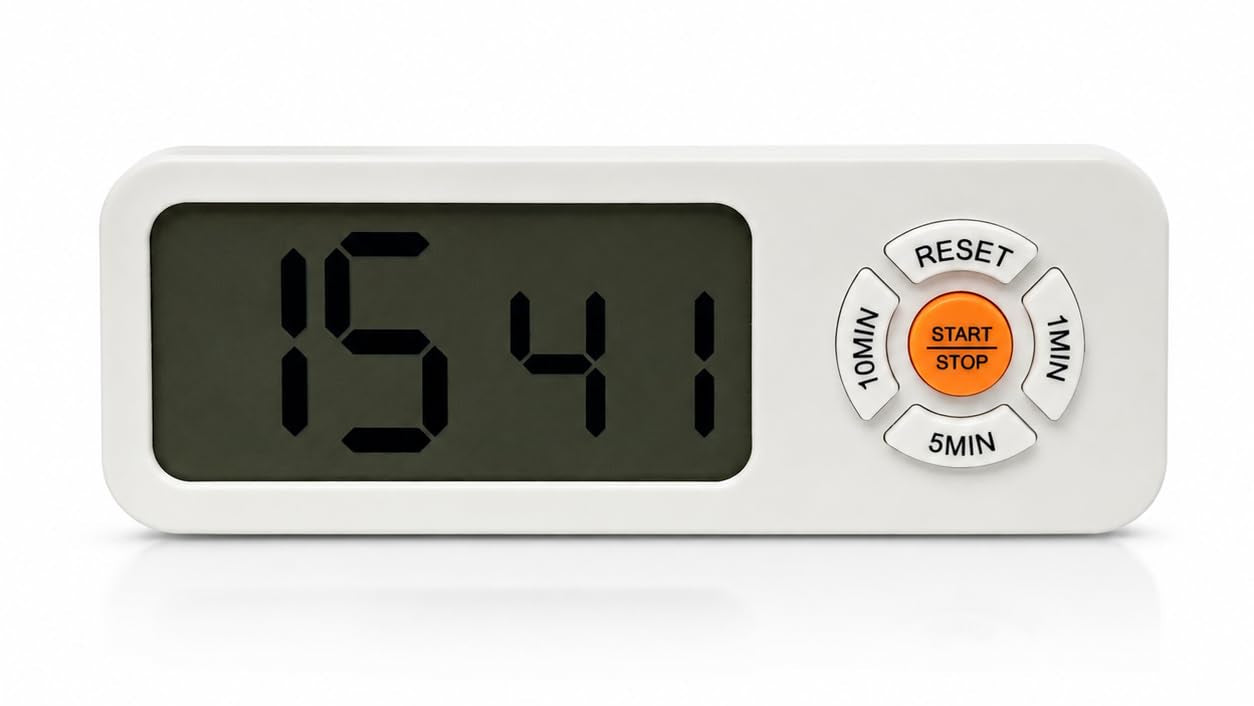 A white digital countdown timer with a dark gray display screen showing '15 41' and a central orange 'START/STOP' button surrounded by white buttons labeled 'RESET', '10MIN', '2MIN', and '5MIN'.