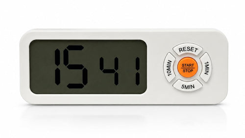A white digital countdown timer with a dark gray display screen showing '15 41' and a central orange 'START/STOP' button surrounded by white buttons labeled 'RESET', '10MIN', '2MIN', and '5MIN'.