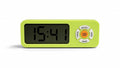 A lime green digital alarm clock with a black LCD display showing 15:41 and a circular control button panel on the right with white, orange, and gray buttons.