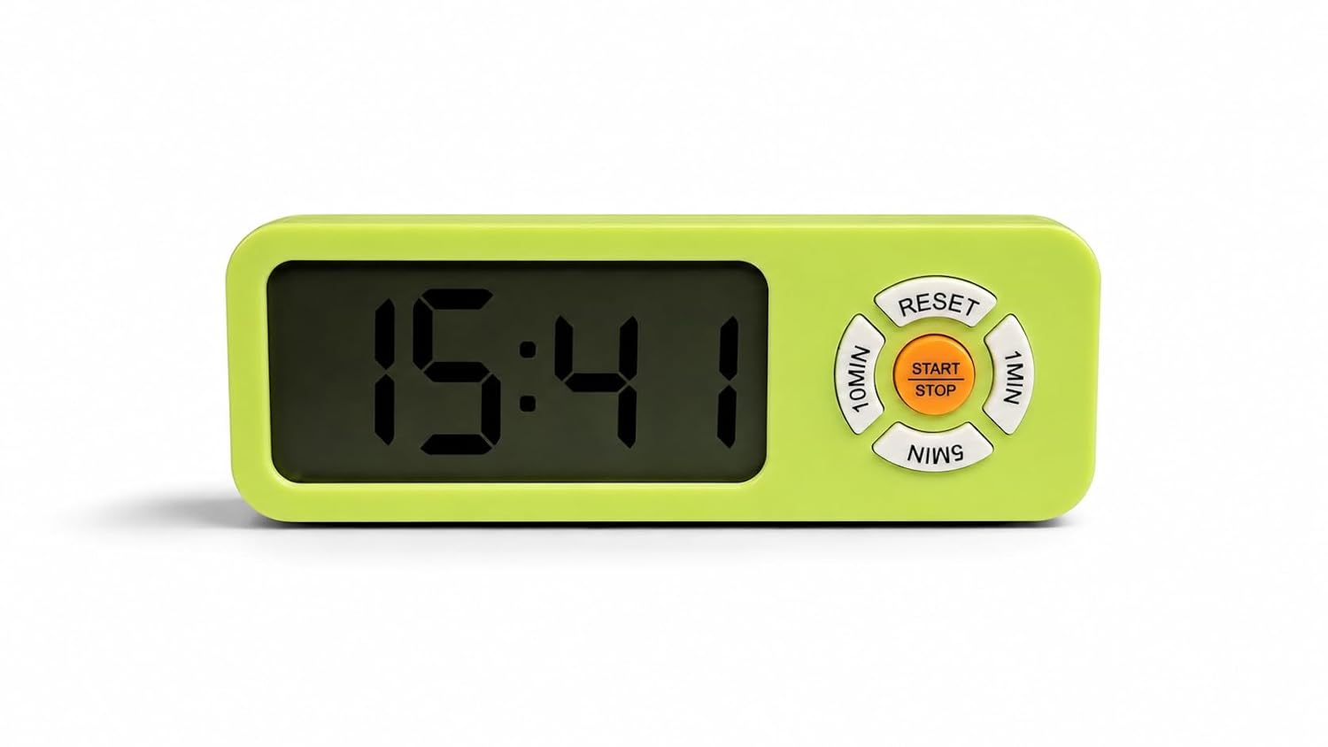 A lime green digital alarm clock with a black LCD display showing 15:41 and a circular control button panel on the right with white, orange, and gray buttons.