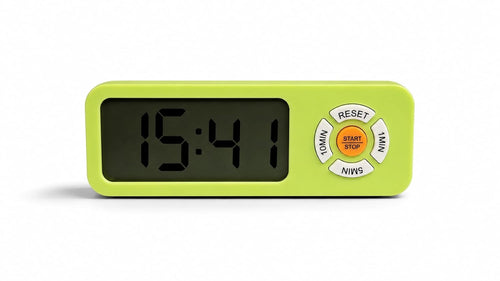 A lime green digital alarm clock with a black LCD display showing 15:41 and a circular control button panel on the right with white, orange, and gray buttons.