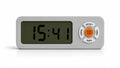 A digital alarm clock with a gray plastic casing, a dark green LCD screen showing 15:41, and an orange central start button surrounded by white navigation buttons for reset, 10min, min, and siws, set against a plain white background.