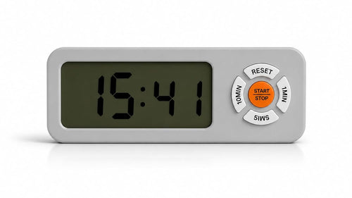 A digital alarm clock with a gray plastic casing, a dark green LCD screen showing 15:41, and an orange central start button surrounded by white navigation buttons for reset, 10min, min, and siws, set against a plain white background.