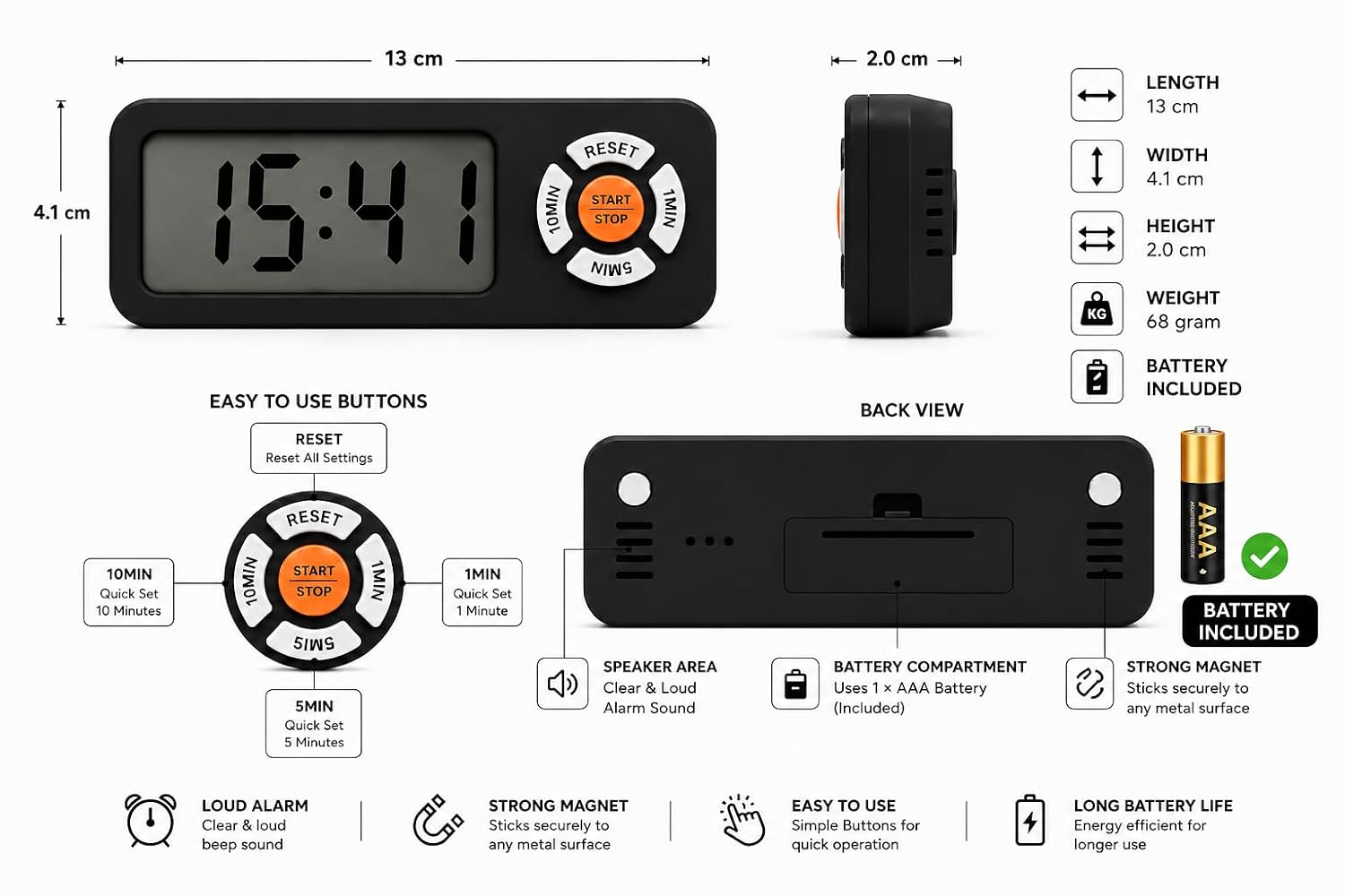 Triq Digital LCD Kitchen Timer with Magnetic Back | Black