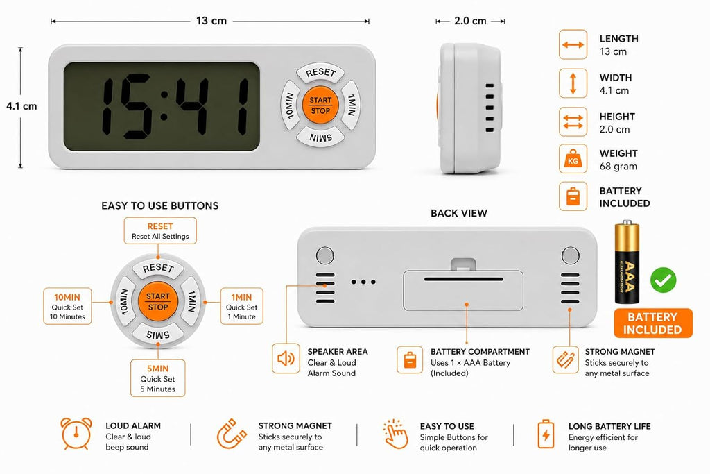 Triq Digital LCD Kitchen Timer with Magnetic Back | Grey