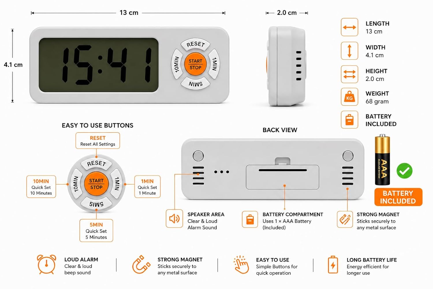 Triq Digital LCD Kitchen Timer with Magnetic Back | Grey