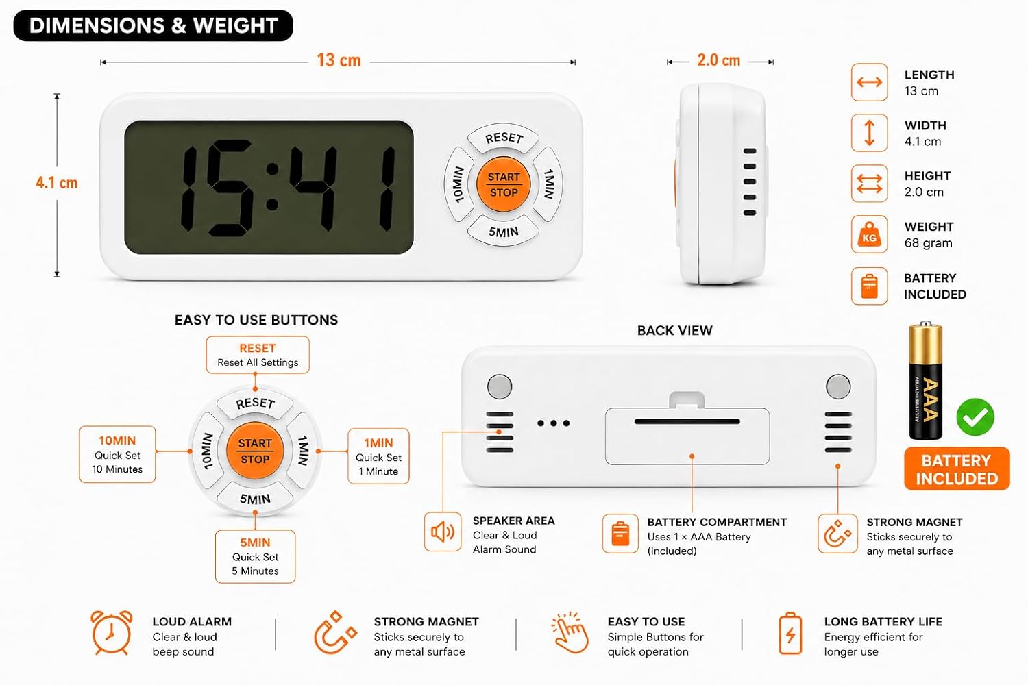 Triq Digital LCD Kitchen Timer with Magnetic Back | (White)