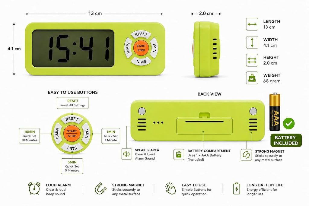 Triq Digital LCD Kitchen Timer with Magnetic Back | Green